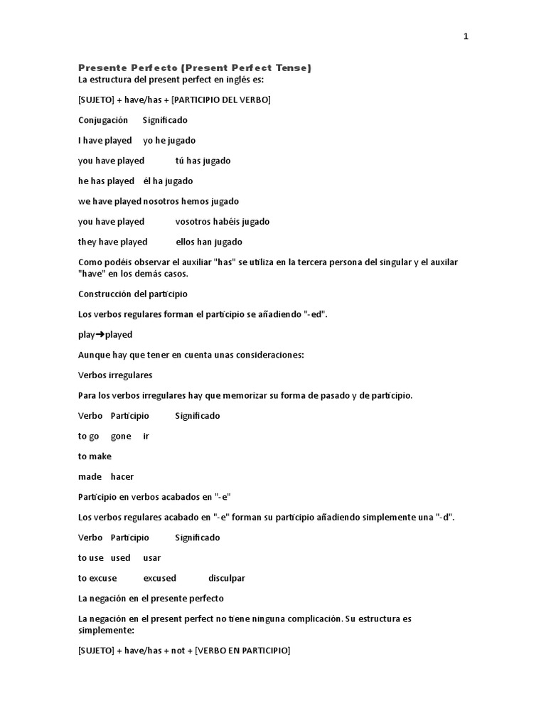 Estructura y Uso del Presente Perfecto | PDF | Verbo | Mecánica del ...