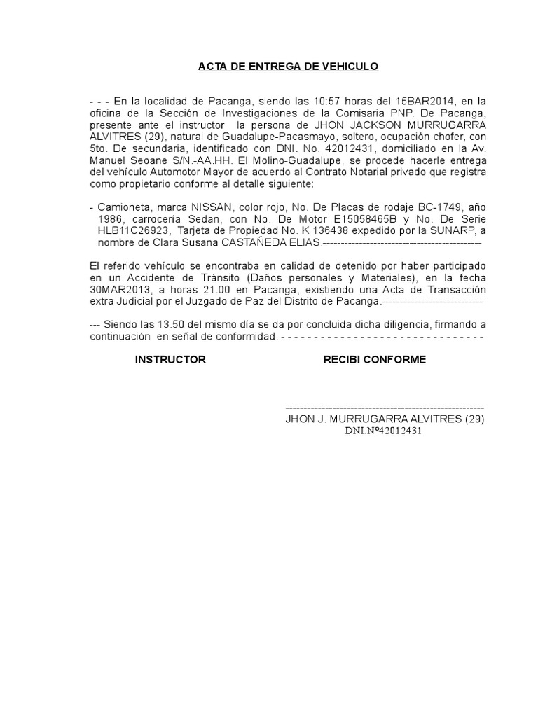 Acta Entrega Vehiculo Mayor