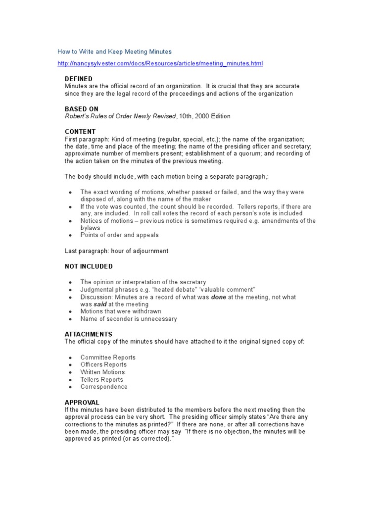 How To Write and Keep Meeting Minutes  PDF  Public Law  Government