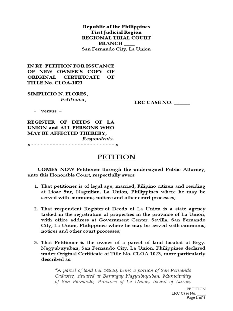 Petition For Issuance Of Lost Title Simplicio Flores Deed Government