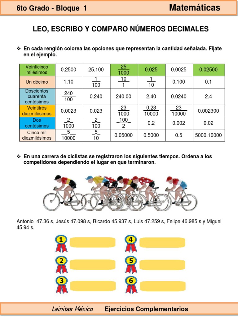 Ejercicios de Números Decimales 6to Grado | PDF