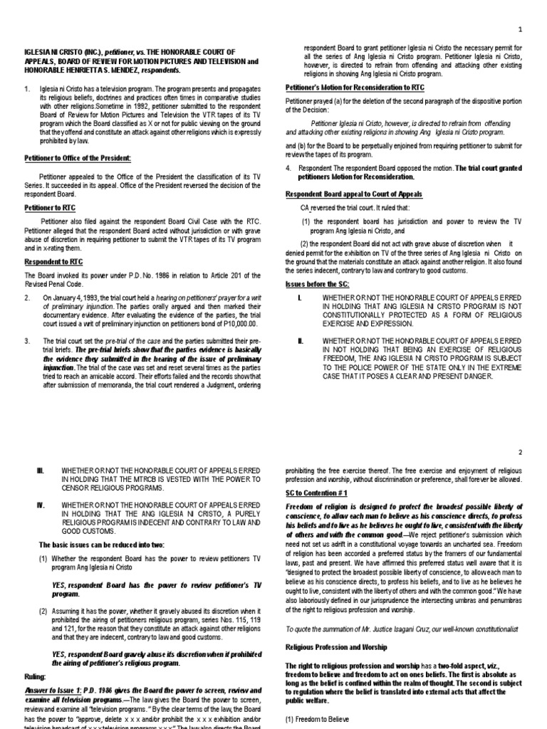 Iglesia Ni Cristo vs Court of Appeals Case Digest Download Free PDF