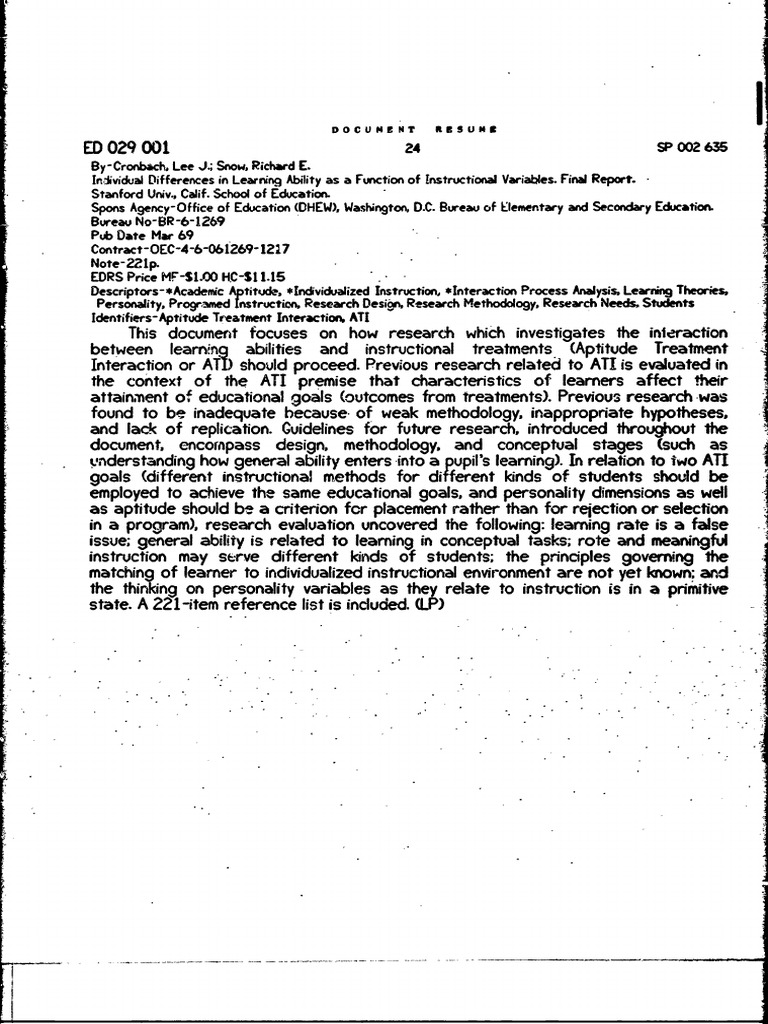  cronbach and snow 1969 individual differences in learning ability