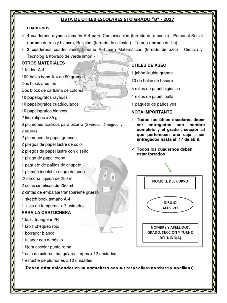 Lista de Utiles Escolares 5to Grado PDF Materiales artisticos Materiales de Conservación y