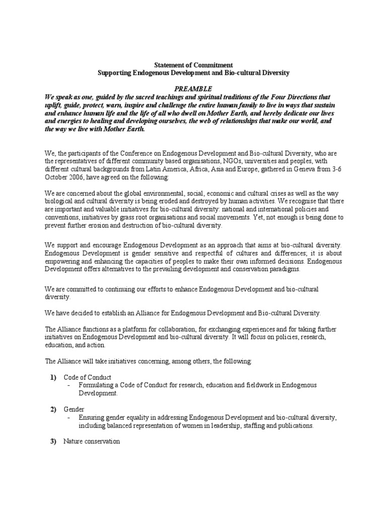 Commitment to Endogenous Development | PDF | Biodiversity | Gender