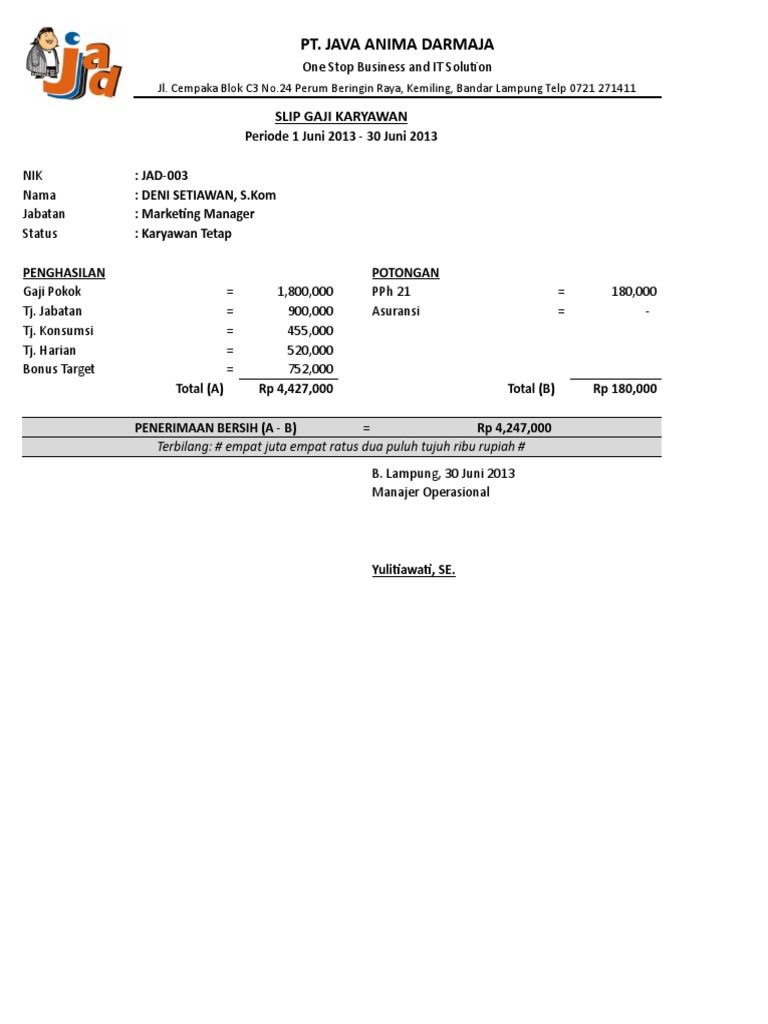 Contoh Slip Gaji Karyawan Format Ms Excel