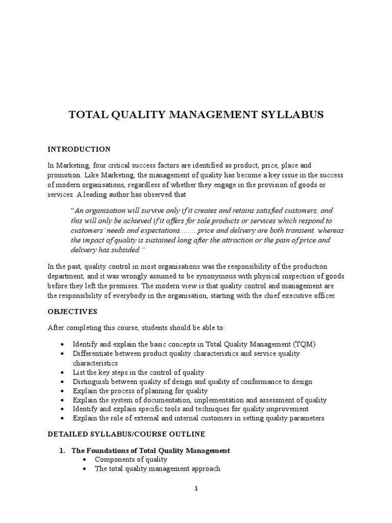Total Quality Management Course Syllabus | PDF | Quality Management ...