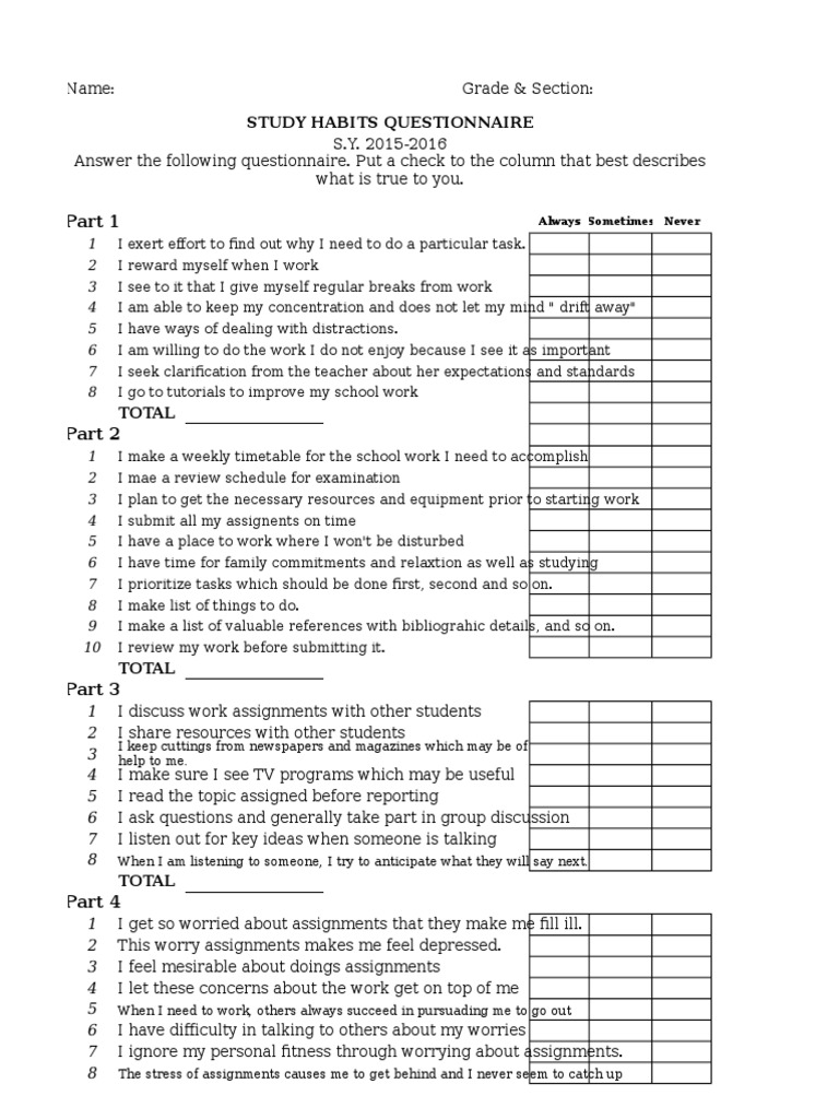 Study Habits Questionnaire | Communication | Cognition