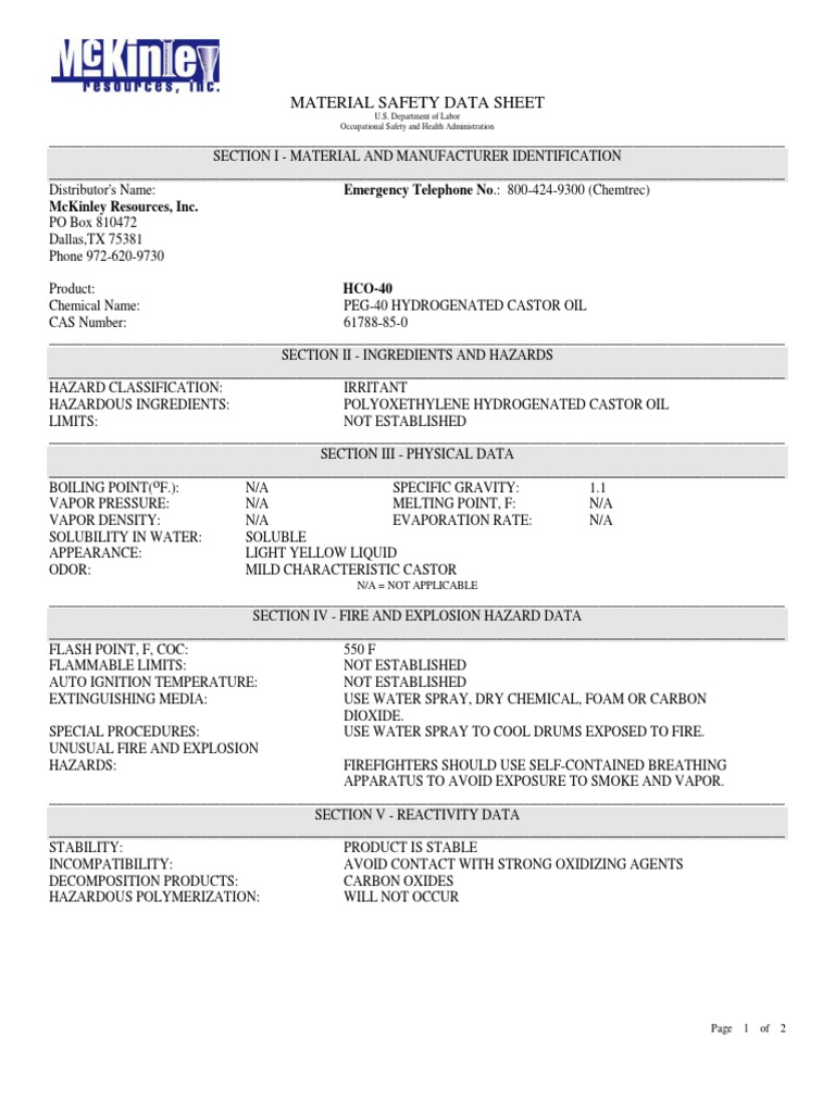 PEG40 Hydrogenated Castor Oil Msds Fires Water