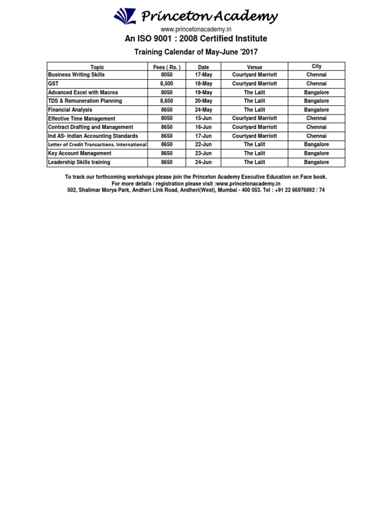 Training Calendar Chennai Bangalore PDF Career & Growth Business