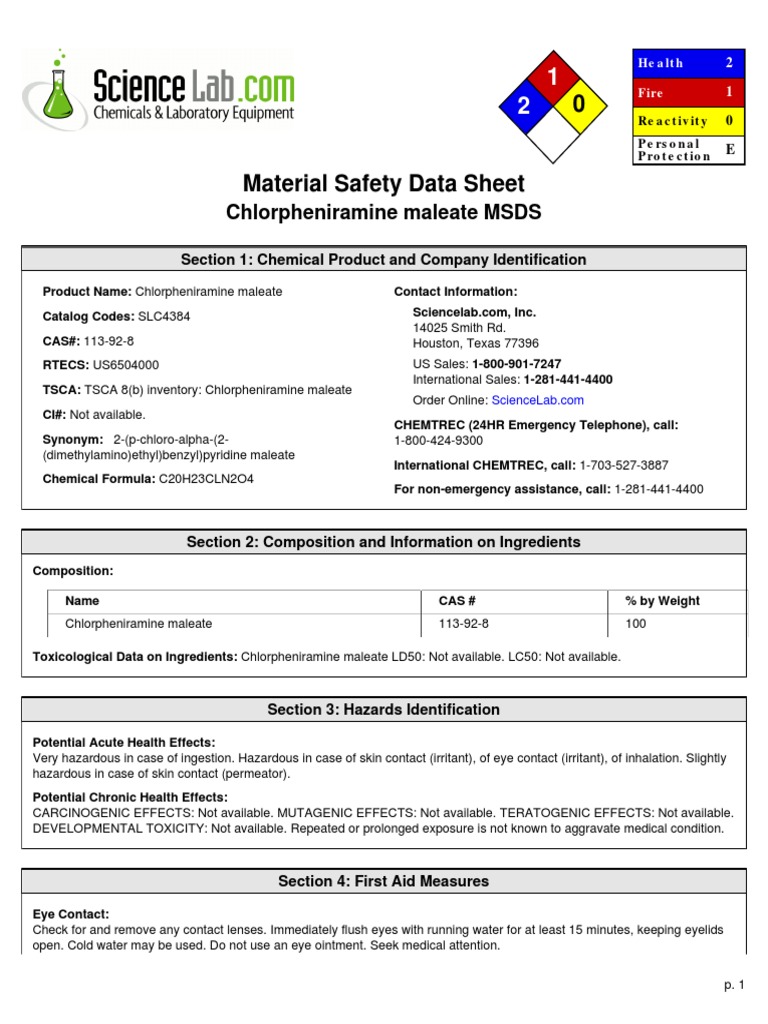 Chlorpheniramine maleate MSDS  Toxicity  Personal 