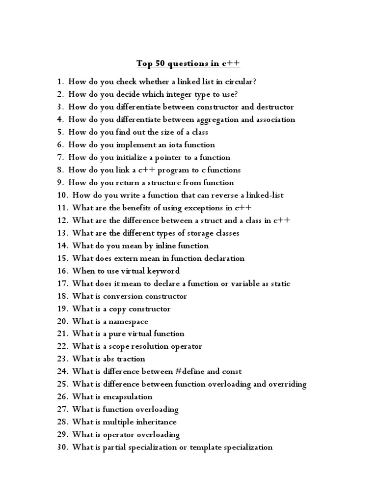 Top 50 C++ Interview Questions | PDF | C++ | Constructor (Object ...