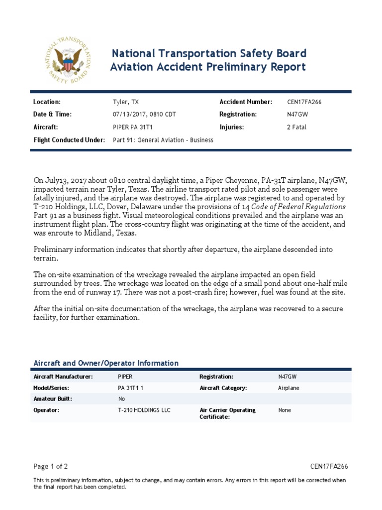 NTSB Preliminary Crash Report PDF Aviation Accidents And Incidents