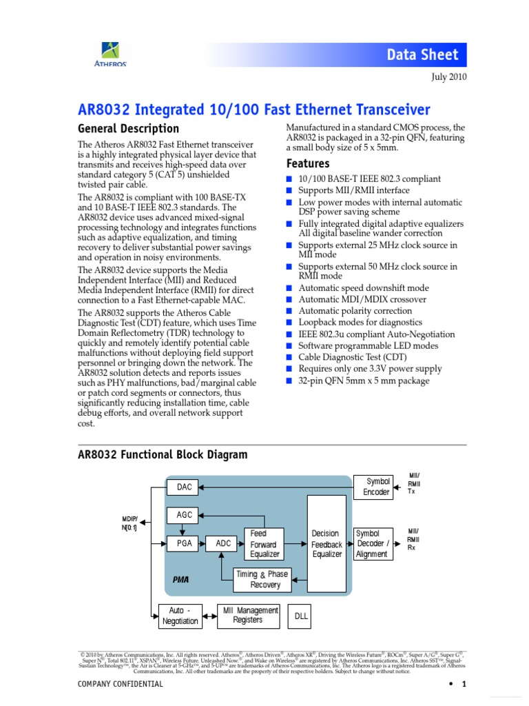 AR8032 Integrated 10/100 Fast Transceiver Data Sheet PDF