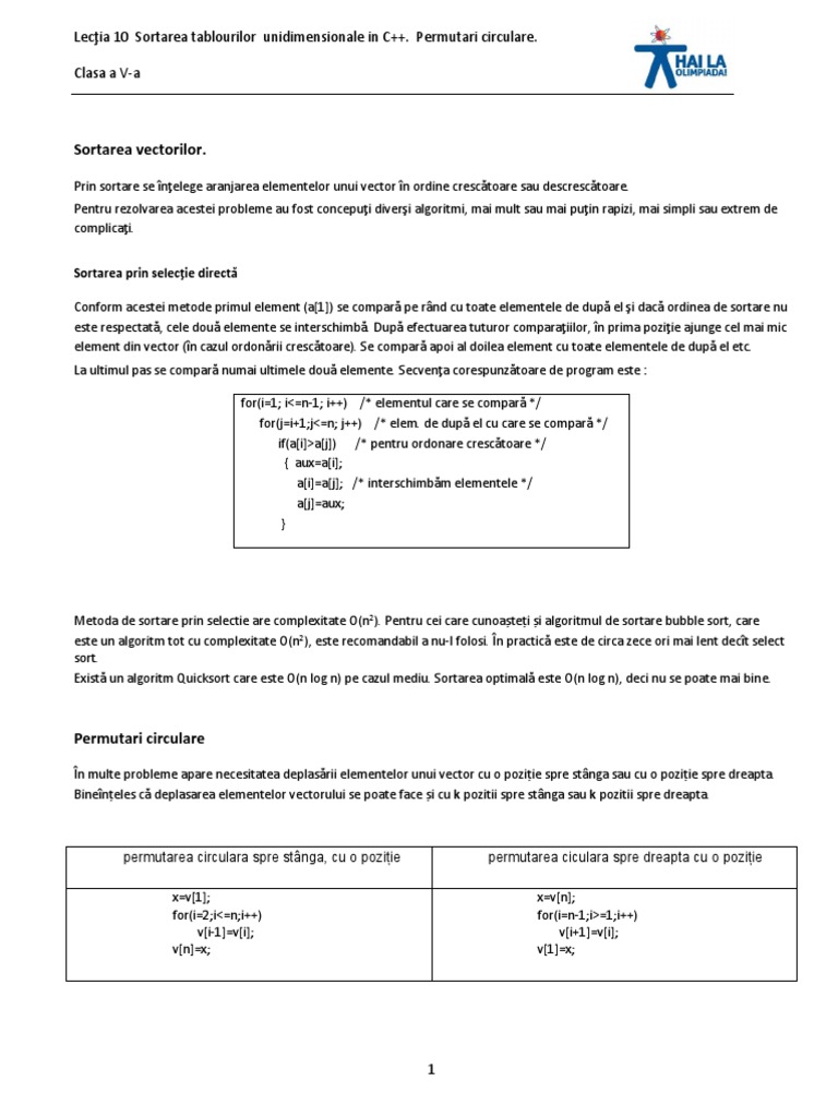 LecÅ£ia 10 Sortarea Tablourilor Unidimensionale In C Permutari Circulare