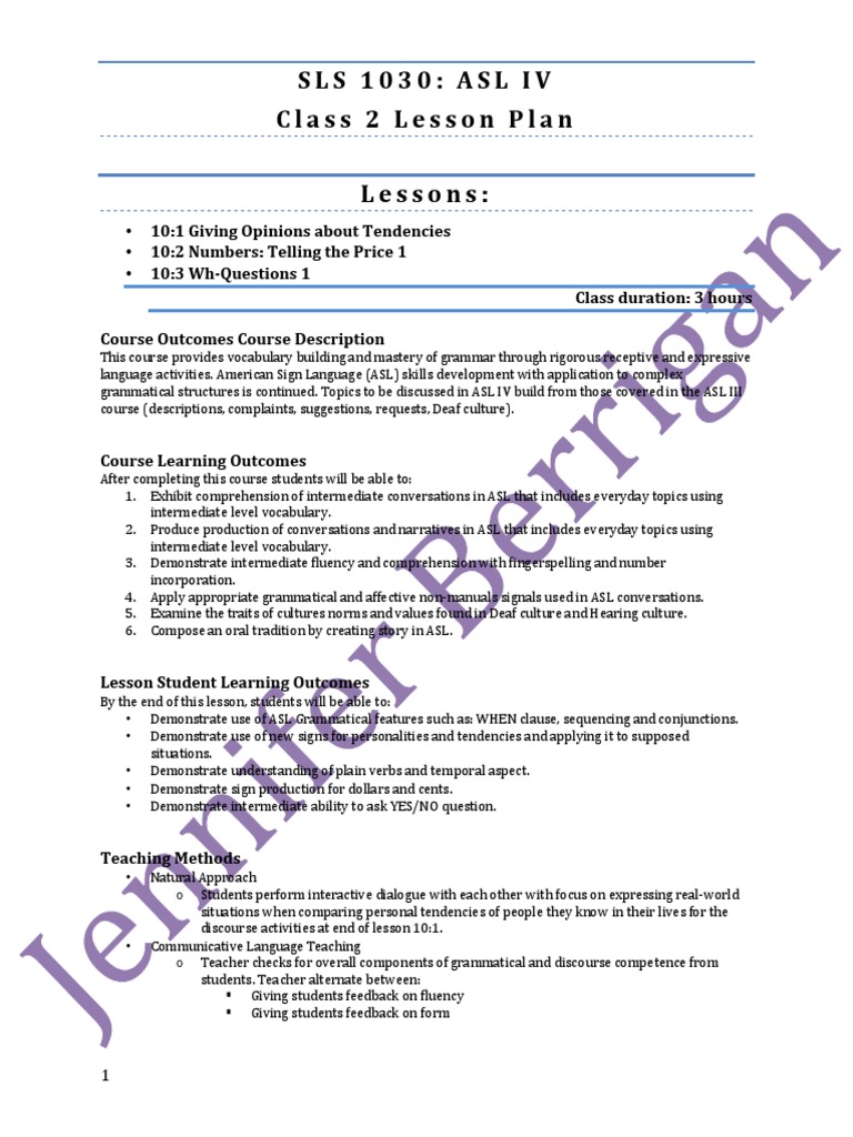 Lesson Plan Sample 2 PDF American Sign Language Lesson Plan