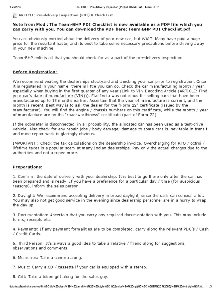 Team-BHP Pre-Delivery Inspection Guide | PDF | Payments | Cheque