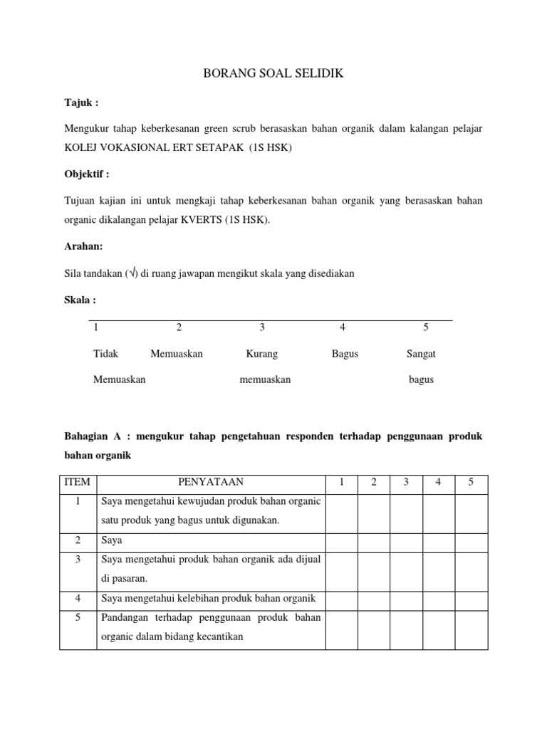 Contoh Borang Soal Selidik Ya Atau Tidak