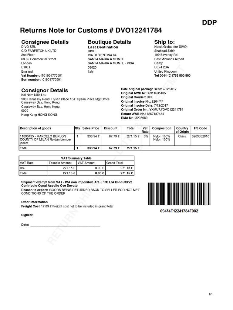 Farfetch Return Shipment Invoice Details | PDF