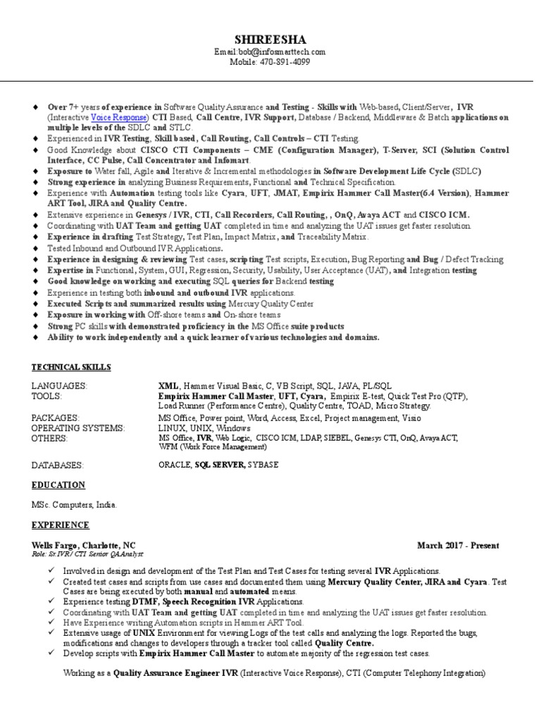 Shireesha IVR Tester PDF Interactive Voice Response Software Testing