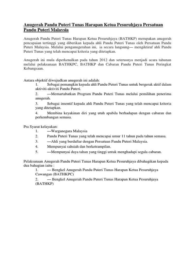 Anugerah Pandu Puteri Tunas Harapan Ketua Pesuruhjaya Persatuan Pandu Puteri Malaysia Pdf