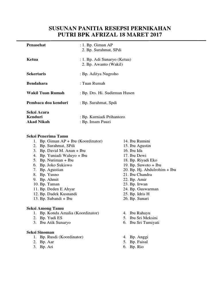 Susunan Panitia Resepsi Pernikahan