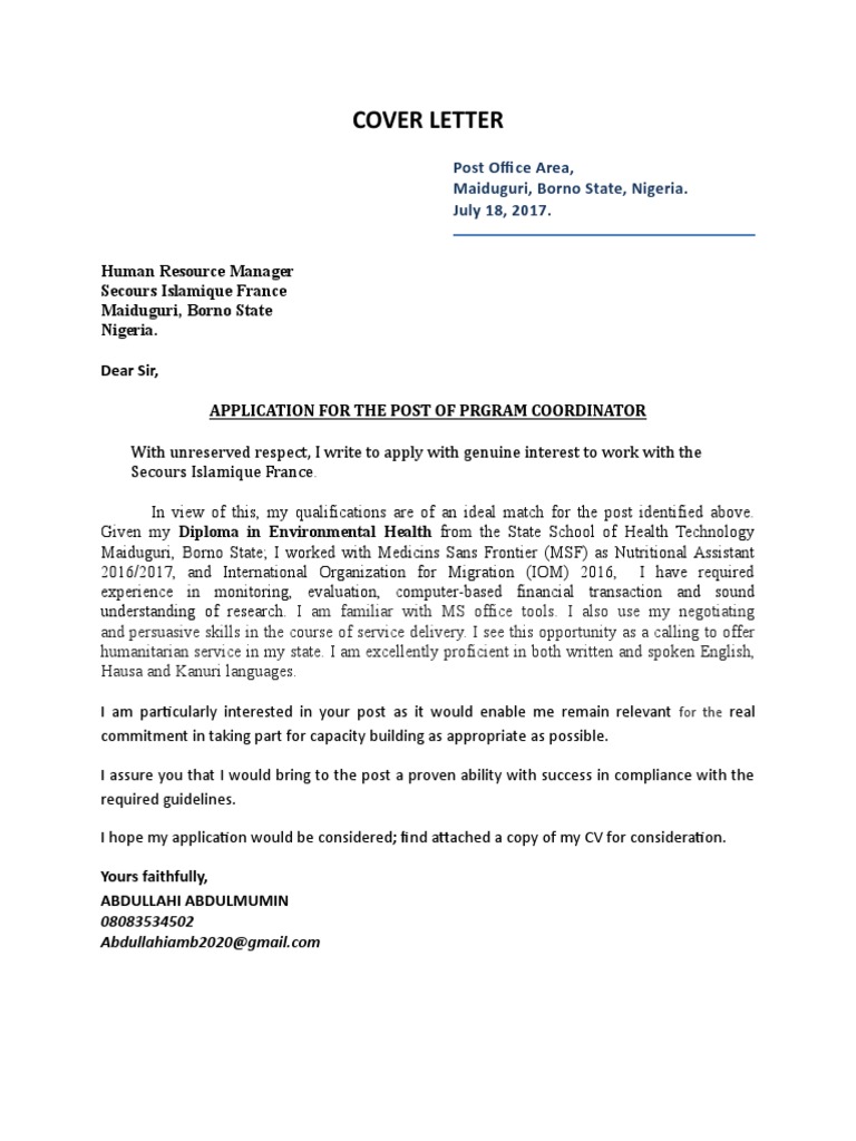 Postal Office Cover Letter