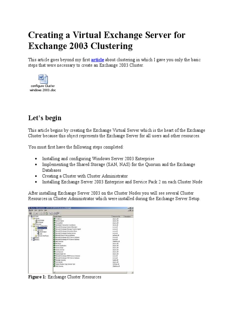 Exchange 2003 Virtual Server Setup Guide | PDF | Computer Cluster ...