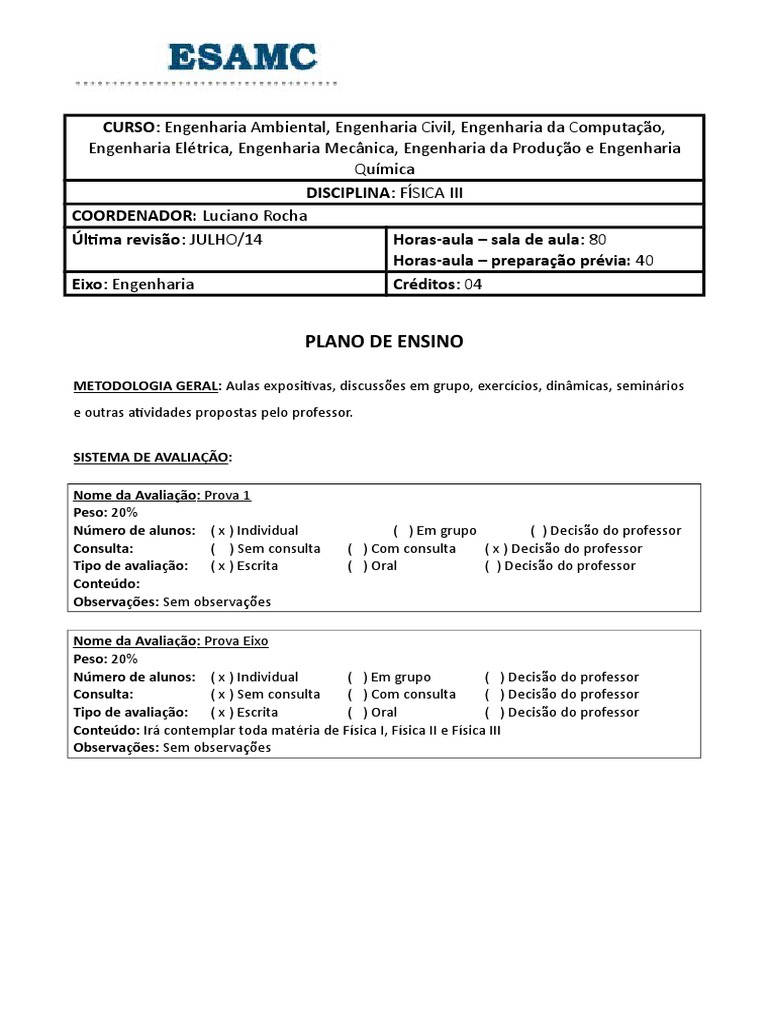 Plano de Ensino Fisica III 2014 2 | PDF | Física | Eletricidade
