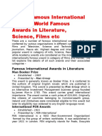 List of Famous International Awards, World Famous Awards in Literature, Science, Films Etc