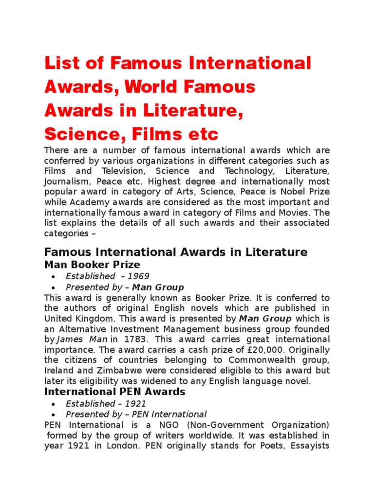 list-of-famous-international-awards-world-famous-awards-in-literature