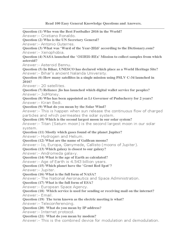 Read 100 Easy General Knowledge Questions And Answers Quiz