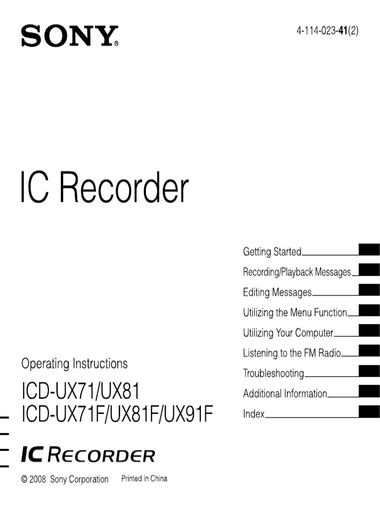 Sony IC Recorder ICD UX71F User Manual 4114023412 PDF Battery