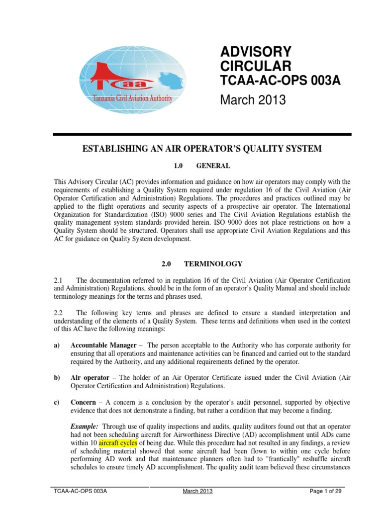 TCAA-AC-OPS003A Draft Operator Quality System | PDF | Audit | Quality ...