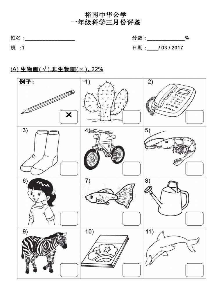 一年级科学试卷 Pdf