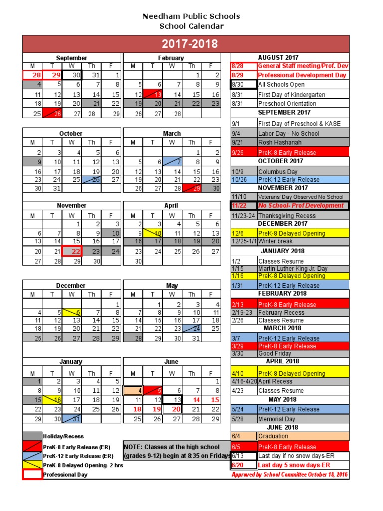 Needham School Calendar 201788 Holidays Observances