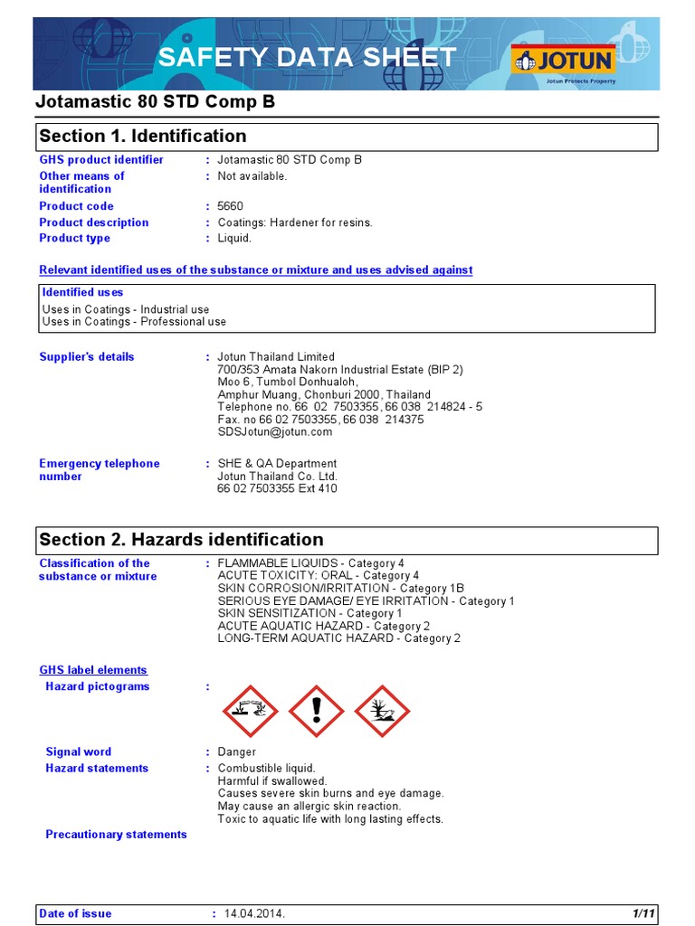 MSDS Jotun Jotamastic 80 STD Comp B Dangerous Goods Toxicity