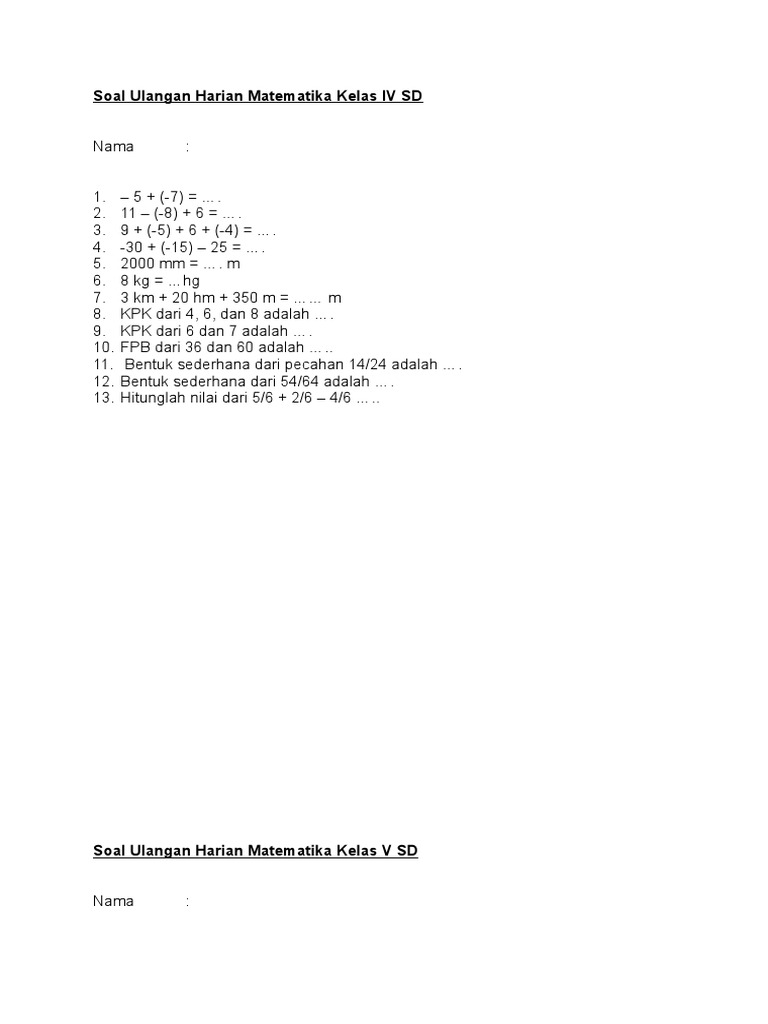 Soal Ulangan Harian Matematika Kelas Iv Sd