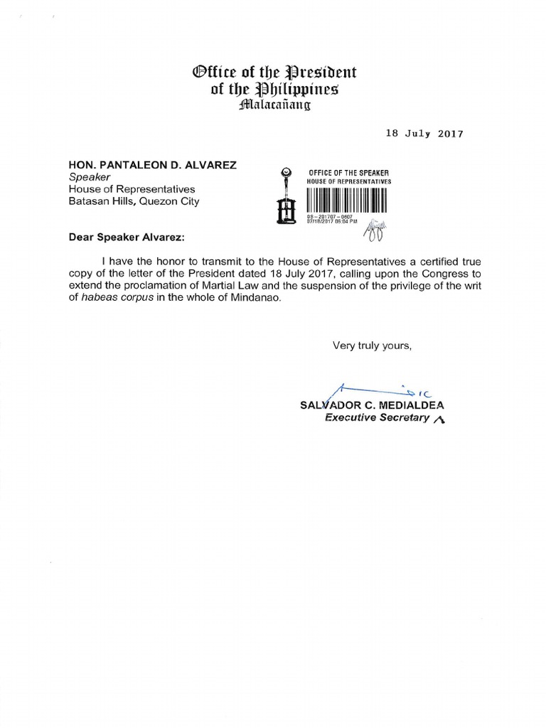 PRRD Letter For Martial Law Extension | PDF