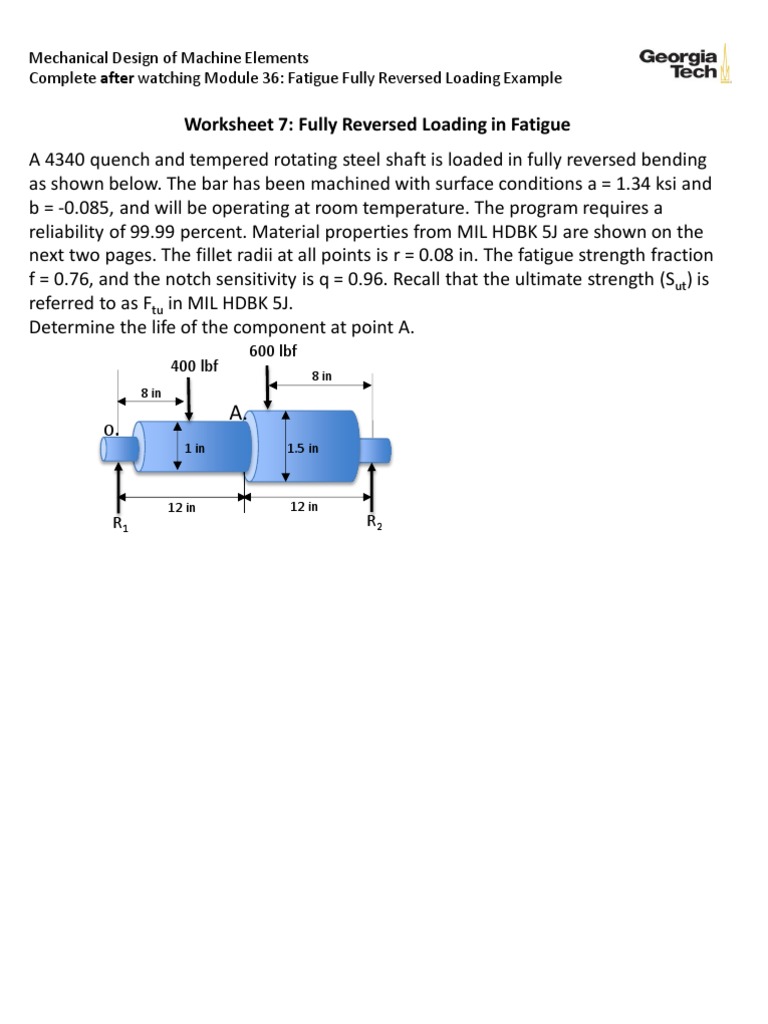 Worksheet 7 Fully Reversed Loading in Fatigue