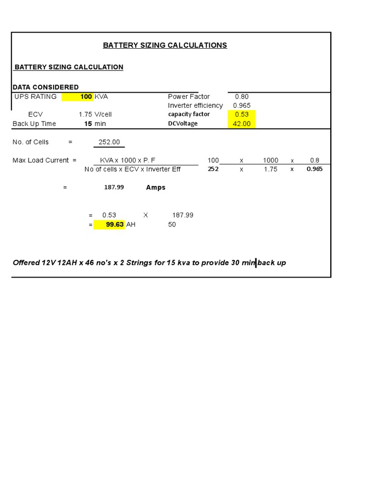 Battery Sizing Calculation Data Considered 100 KVA Energy Storage