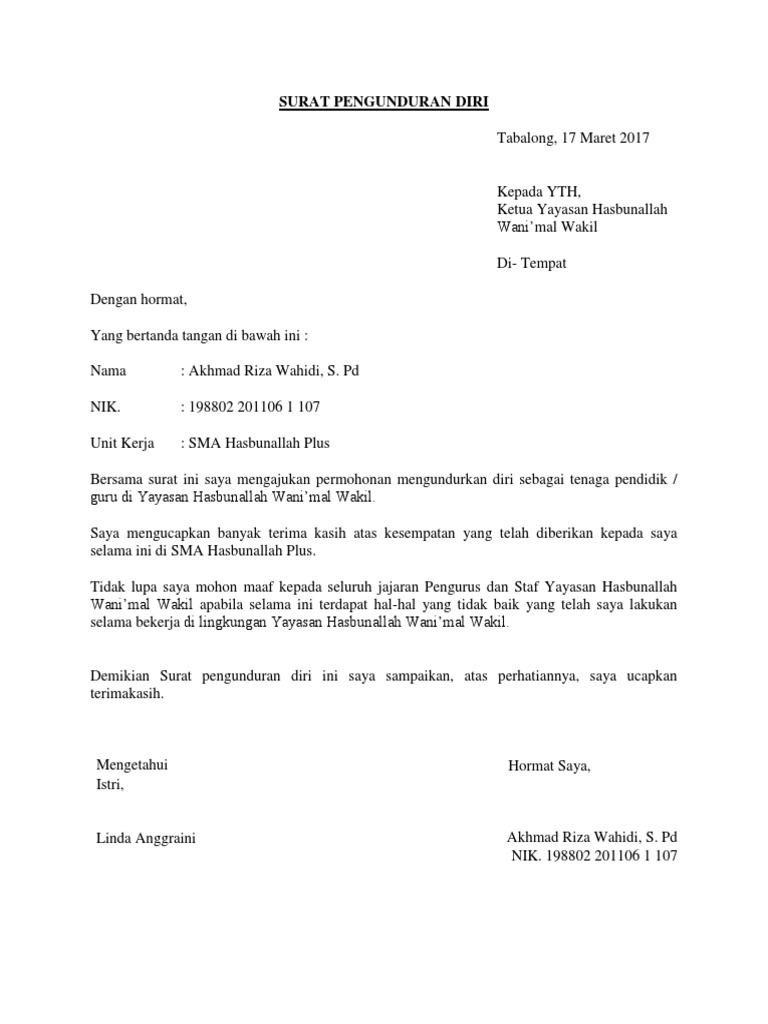 Contoh Surat Pengunduran Diri 1