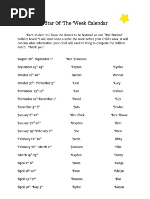 star of the week calendar 2017-2018