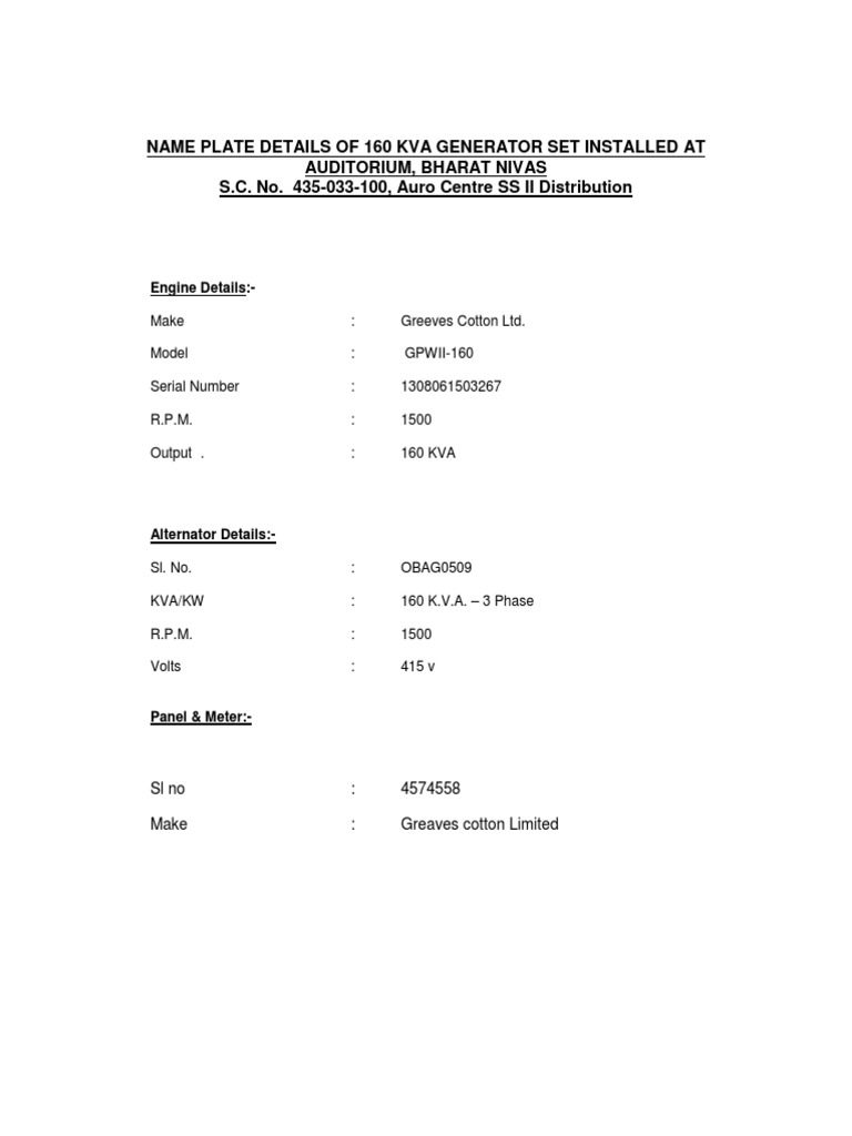 160 KVA Generator Nameplate Details | PDF