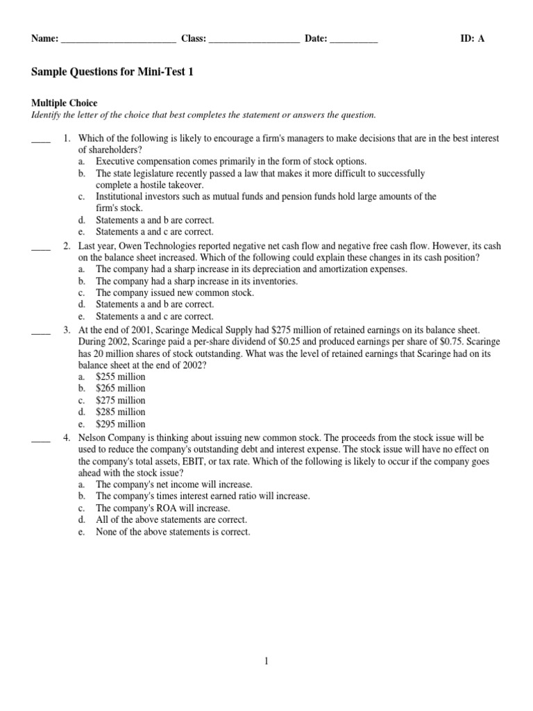 Sample Questions - Mini-Test 1 | PDF | Earnings Before Interest | Dividend