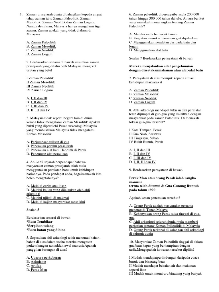 Latihan Objektif Zaman Pra Sejarah Latihan Objektif Zaman Pra Sejarah