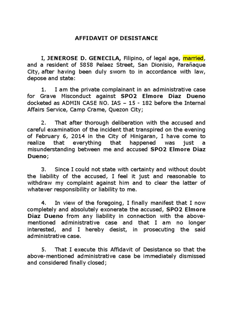 Affidavit of Desistance Example | PDF | Social Science | Law