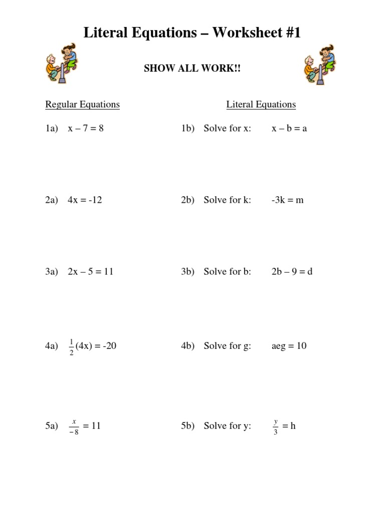 Literal Equations Ws   PDF  Area  Elementary Mathematics Throughout Literal Equations  Worksheet Answer