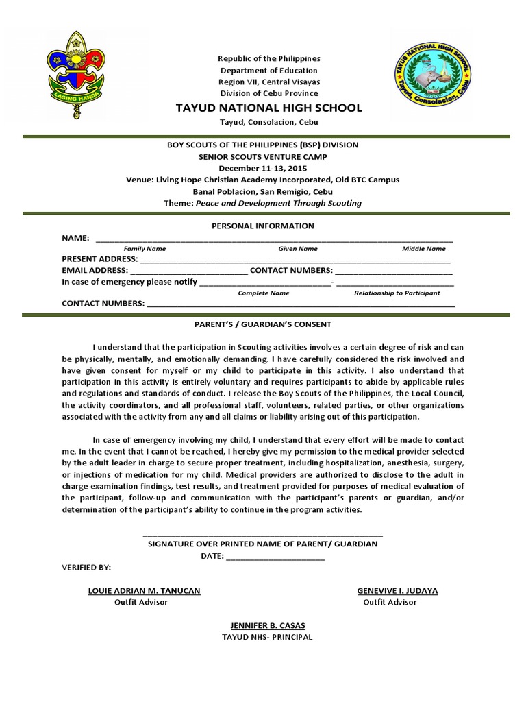 BSP Parent Consent Form for Camp | PDF | Consent | Boy Scouts Of America