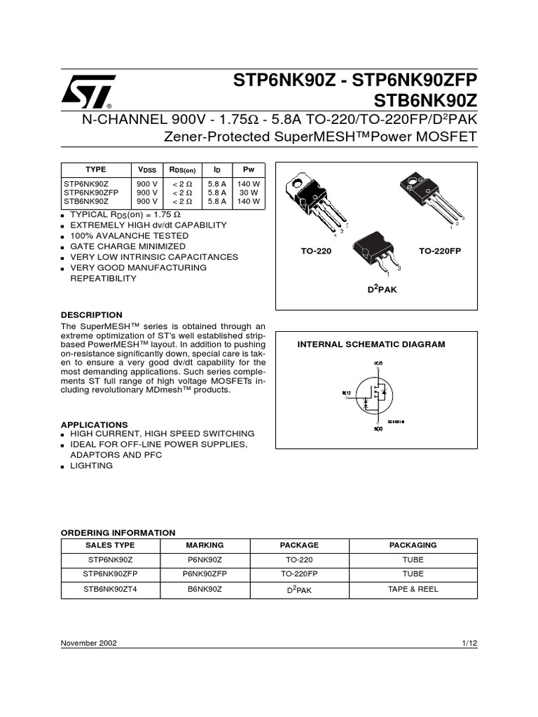 P6NK90ZFP STMicroelectronics | PDF | Mosfet | Diode